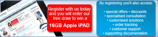 Lab Unlimited home page banner.  Register with us today and you will enter our free draw to win a 16GB Apple iPAD.  By registering you'll also access: special offers, discounts, specialised consultation, customised solutions, order tracking, customer support, suporting documentation