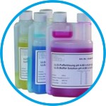 LLG-pH-Buffer solutions with colour coding in twin-neck dispensing bottles