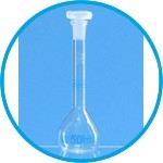 Check flasks, DAkkS calibrated, borosilicate glass 3.3, class A, with 3 marks, blue graduations