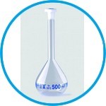 Volumetric flasks, borosilicate glass 3.3, class A, blue graduated, with PP stoppers