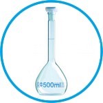 Volumetric flasks, borosilicate glass 3.3, class A, blue graduations, with PP stoppers