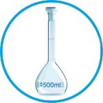 Volumetric flasks, borosilicate glass 3.3, class A, blue graduations, with PP stoppers, with DAkkS calibration certificate