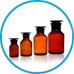Wide-mouth reagent bottles, soda-lime glass, amber glass
