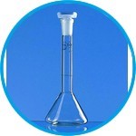 Volumetric trapezoidal flasks, borosilicate glass 3.3, class A, blue graduations, incl. ISO individual certificate
