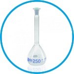 Measuring flask, DURAN®, class A, blue graduation, PE stopper, USP