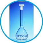 Volumetric flasks, boro 3.3, class A, blue graduations, with PP stoppers, incl. USP individual certificate